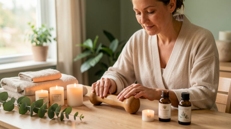 Femme créant un rituel de détente à la maison avec un rouleau de massage en bois, des serviettes pliées, des bougies et des branches d’eucalyptus.