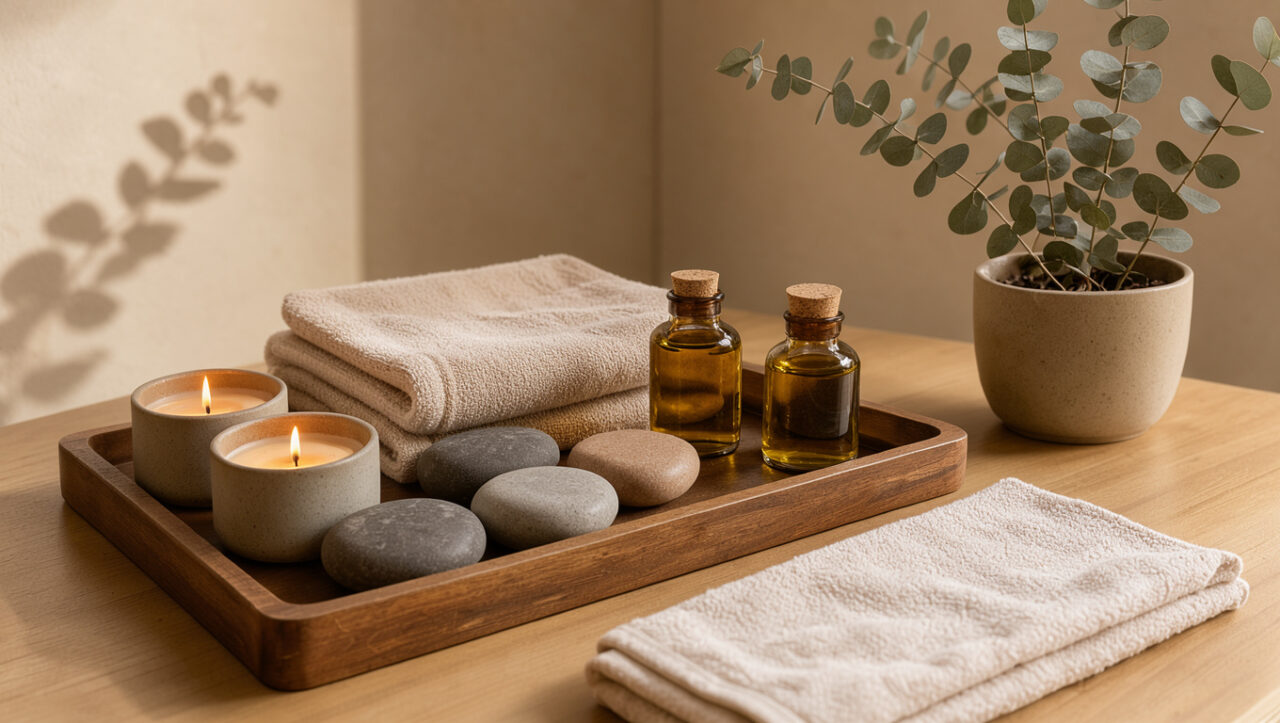 Coin bien-être chaleureux avec serviettes pliées, bougies, huiles de massage sans étiquette, pierres lisses et plante d’eucalyptus.