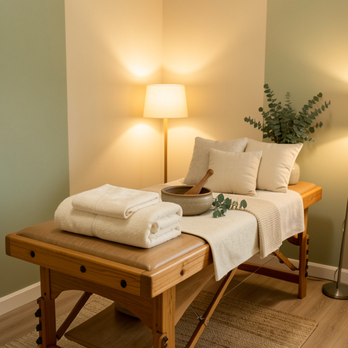 Coin de massage et de détente aménagé à la maison avec table en bois, serviettes pliées, coussins, branches d’eucalyptus et éclairage chaleureux.