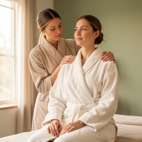 Une professionnelle du bien-être masse doucement les épaules d’une cliente détendue dans un espace de soins calme et lumineux.