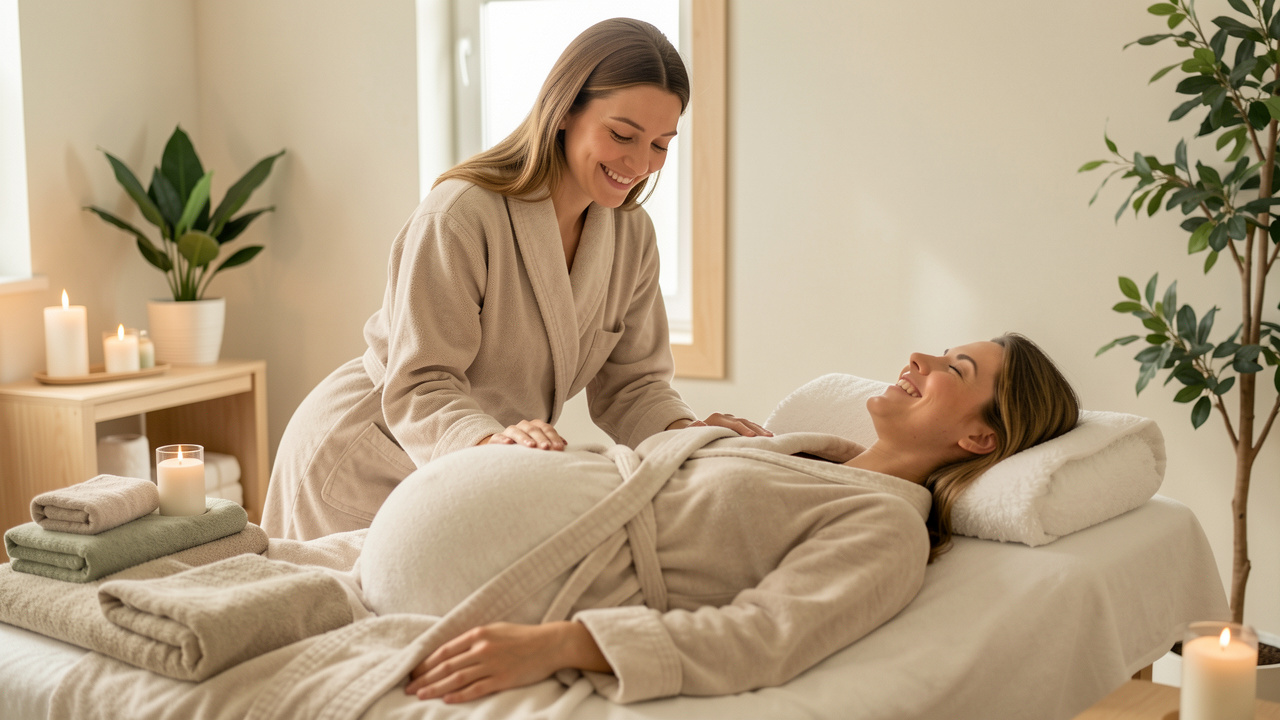 Femme enceinte profitant d’un massage bien-être en duo avec une praticienne dans un espace spa lumineux et apaisant.