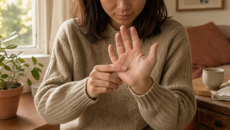 Une femme masse doucement ses propres mains dans un intérieur chaleureux, éclairé par une lumière naturelle et douce.