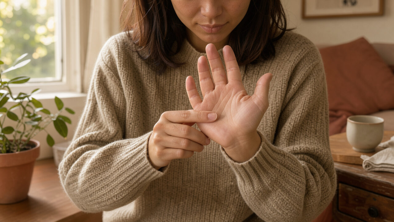 Une femme masse doucement ses propres mains dans un intérieur chaleureux, éclairé par une lumière naturelle et douce.