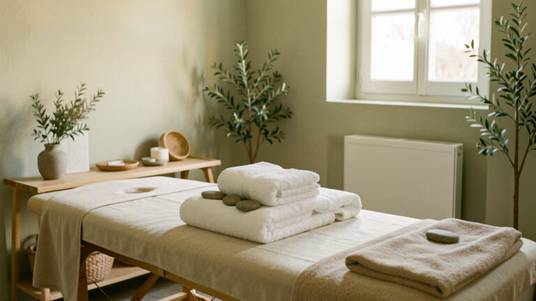 Pièce de bien-être lumineuse avec table de massage, serviettes blanches pliées, pierres lisses et décoration végétale dans une ambiance apaisante.
