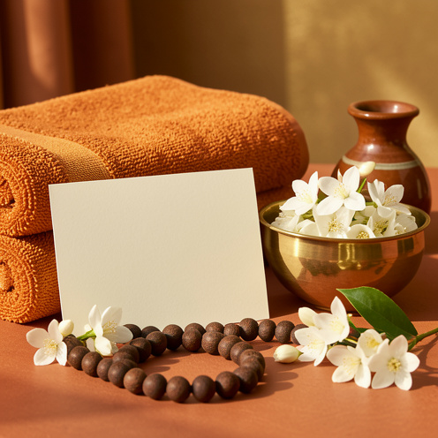 Carte cadeau vierge et élégante accompagnée d’une serviette safran, d’un bol en laiton, de fleurs de jasmin et d’un flacon d’huile dans une ambiance de spa ayurvédique.