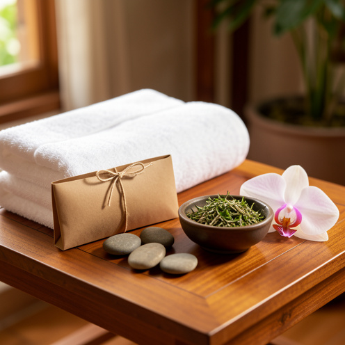 Composition élégante évoquant une expérience de détente dans un spa d’inspiration thaïlandaise, avec une enveloppe cadeau, des serviettes blanches, des pierres de massage et une orchidée.
