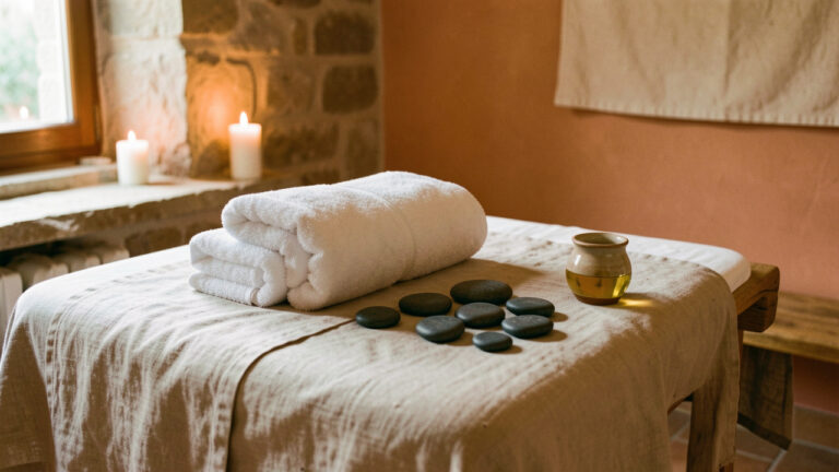 Espace de bien-être chaleureux avec serviettes blanches, pierres de massage, huile aromatique et table en bois dans une ambiance méditerranéenne.
