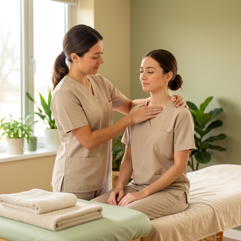 Une formatrice en massage bien-être montre des techniques de massage des épaules à une étudiante dans un espace de formation professionnel lumineux.