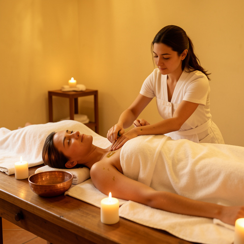 Une praticienne effectue un massage ayurvédique Abhyanga à l'huile sur les épaules d'une femme dans une salle de bien-être chaleureuse.