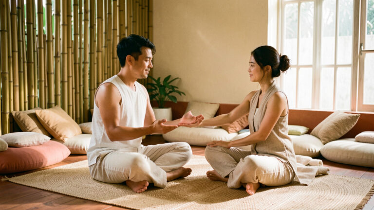 Un homme et une femme profitent ensemble d’une séance de bien-être inspirée du massage thaï dans un espace chaleureux et apaisant.