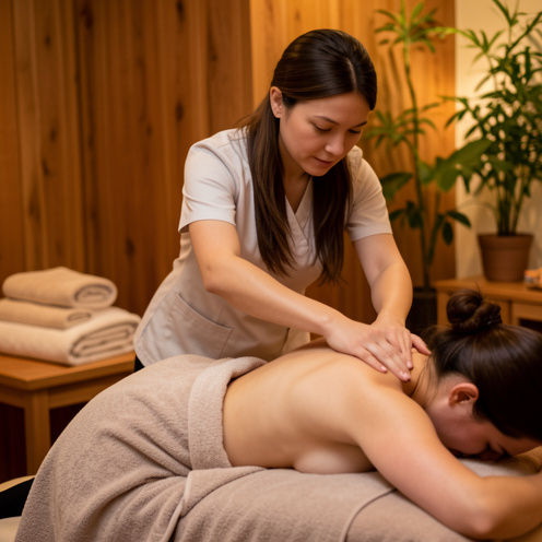 Une masseuse professionnelle réalise un massage tonique du haut du dos d’une cliente dans un cadre de spa chaleureux et apaisant.
