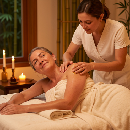 Une femme se détend sur une table de massage pendant qu’une praticienne applique doucement une huile ayurvédique sur ses épaules et ses bras dans une atmosphère de spa chaleureuse.