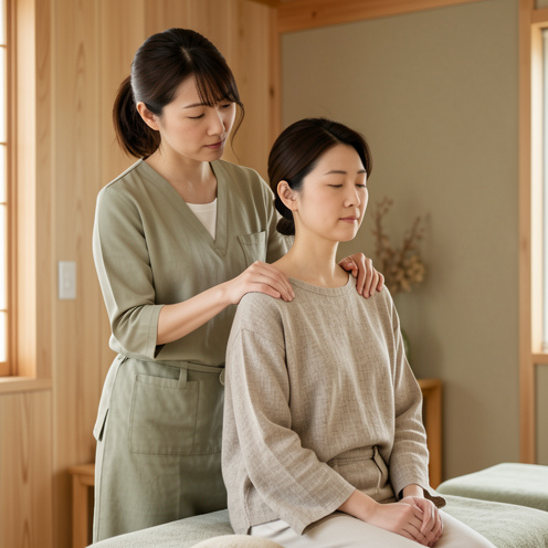 Une praticienne japonaise masse doucement les épaules d’une femme assise, dans un espace de bien-être calme et lumineux.