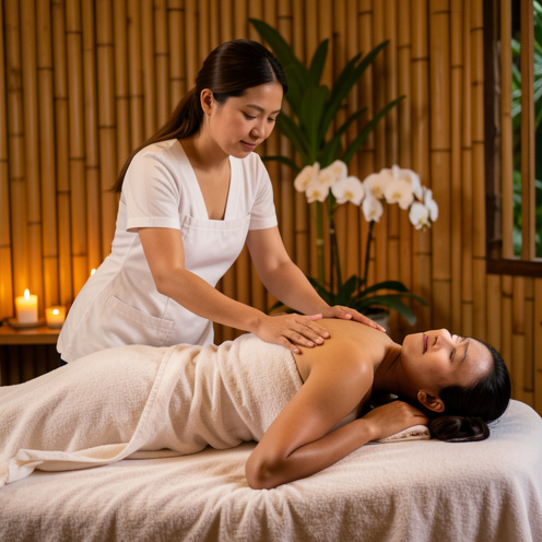 Une thérapeute effectue doucement un massage balinais des épaules et du haut du dos sur une femme allongée dans un spa chaleureux, dans une atmosphère tropicale et apaisante.
