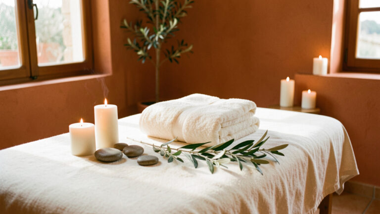 Cabine de massage apaisante aux couleurs méditerranéennes, avec table de soin, serviettes pliées, bougies, pierres lisses et branches d’olivier.