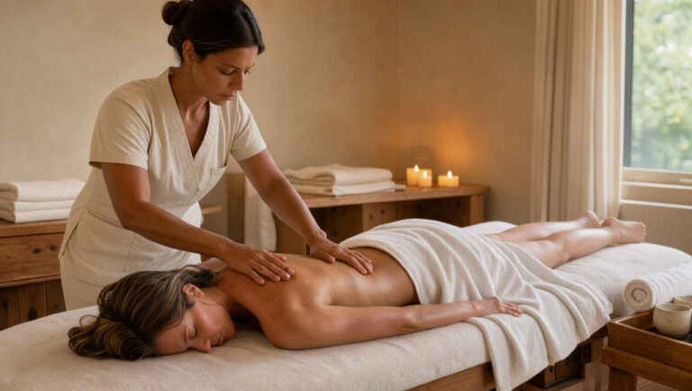 Une femme adulte détendue reçoit un massage bien-être professionnel dans un espace de soin chaleureux, tandis qu’une thérapeute soulage doucement les tensions de ses épaules.