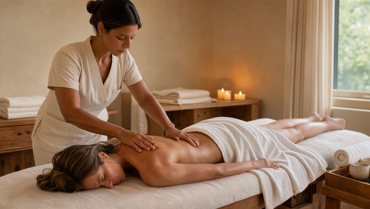 Une femme adulte détendue reçoit un massage bien-être professionnel dans un espace de soin chaleureux, tandis qu’une thérapeute soulage doucement les tensions de ses épaules.