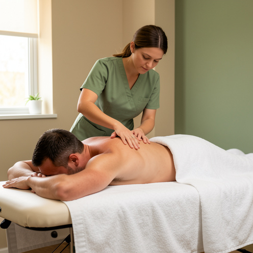 Une massothérapeute applique une pression ciblée sur le haut du dos d’un homme allongé sur une table de massage, dans une atmosphère calme et professionnelle.