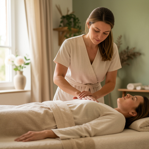 Une praticienne effectue un massage énergétique relaxant sur une femme habillée dans une salle de soins calme et lumineuse.