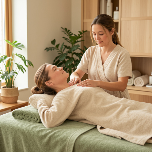 Une femme se détend pendant un massage professionnel des épaules réalisé par une thérapeute dans une salle de bien-être lumineuse et apaisante.