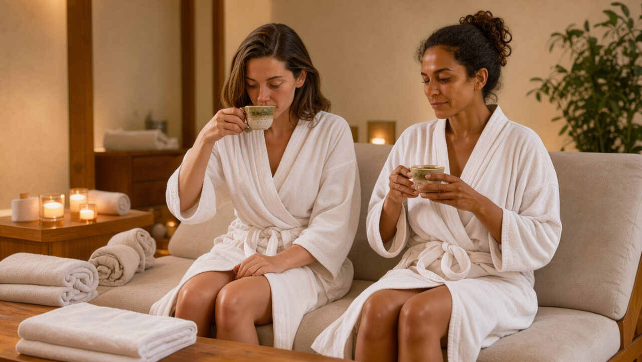 Deux femmes adultes en peignoirs blancs se détendent côte à côte après un massage bien-être, dans une salle de spa chaleureuse avec serviettes pliées, bougies et plantes.