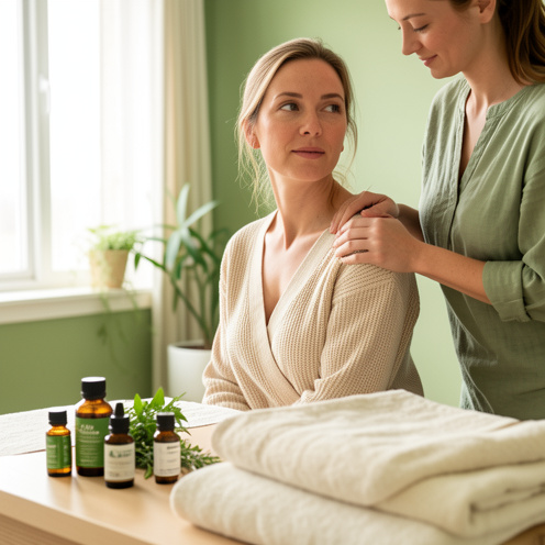 Une femme reçoit un massage doux des épaules dans un espace de bien-être, avec des flacons d’huiles essentielles biologiques et des herbes fraîches disposés à proximité.