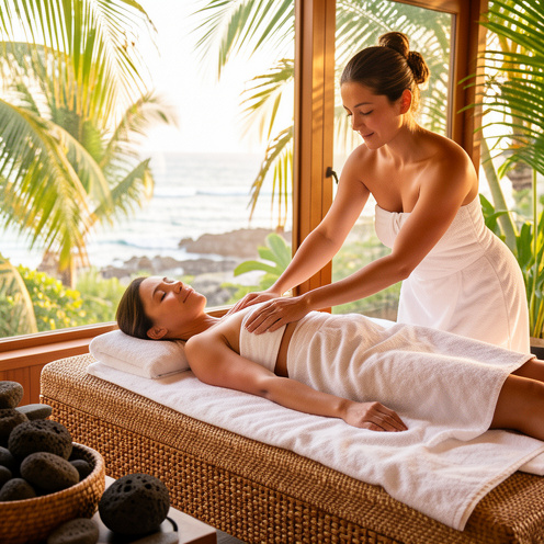 Une femme reçoit un massage traditionnel lomi-lomi réalisé par une praticienne dans un spa tropical aux ambiances hawaïennes.