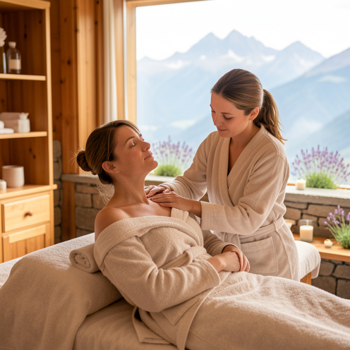 Une femme reçoit un massage professionnel des épaules dans un espace de bien-être lumineux avec une vue paisible sur les Pyrénées-Orientales.