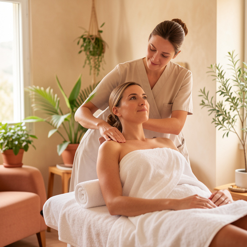 Une cliente se détend pendant un massage des épaules dans un spa chaleureux à Perpignan.