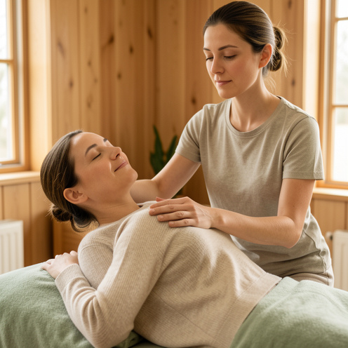 Une femme entièrement vêtue reçoit un massage shiatsu doux sur les épaules et le dos dans un espace de bien-être chaleureux.
