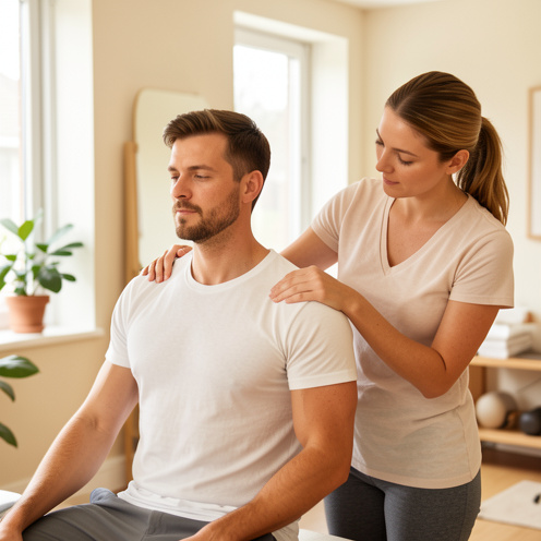 Un athlète reçoit un massage sportif professionnel de l’épaule et du haut du dos dans un espace de bien-être lumineux.