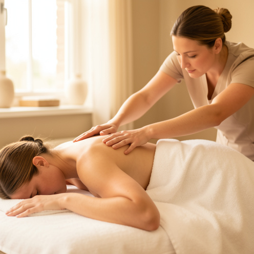 Une femme reçoit un massage suédois par une thérapeute dans un espace de bien-être lumineux et apaisant.