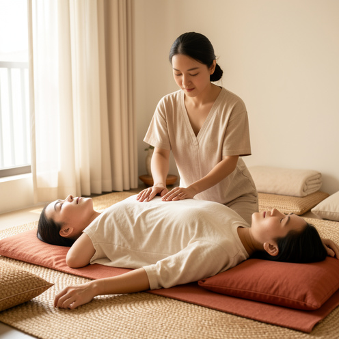Une praticienne effectue un massage thaï traditionnel sur une femme vêtue de vêtements amples, dans un espace de bien-être calme et chaleureux.