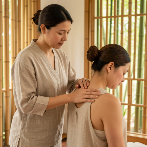 Une thérapeute pratique un massage tuina précis sur le haut du dos d’une femme dans un espace de bien-être lumineux et apaisant.