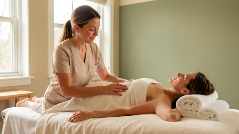 Une masseuse professionnelle accompagne une cliente habillée dans une séance de bien-être respectueuse, au sein d’un studio lumineux et soigné.