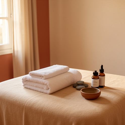Salle de massage paisible à Perpignan avec table de soin, serviettes blanches, pierres lisses et accessoires de bien-être.