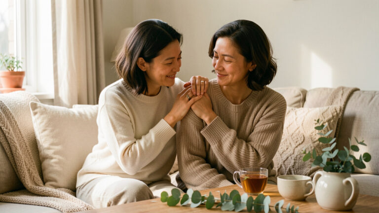 Deux femmes adultes habillées confortablement partagent un massage doux des épaules dans une maison chaleureuse, entourées de coussins, de thé et de feuillage d’eucalyptus.