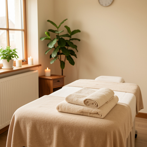 Espace de bien-être chaleureux avec table de massage préparée, serviettes pliées, plantes vertes et lumière douce.