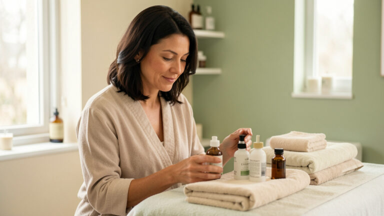 Femme détendue dans une salle de bien-être, choisissant des huiles naturelles et des serviettes douces pour un soin corporel relaxant.