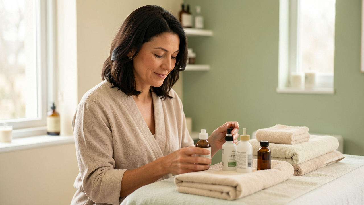 Femme détendue dans une salle de bien-être, choisissant des huiles naturelles et des serviettes douces pour un soin corporel relaxant.