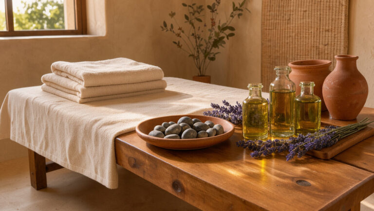 Espace spa méditerranéen apaisant avec serviettes ivoire, pierres lisses, huiles botaniques et lavande autour d’une table de massage.